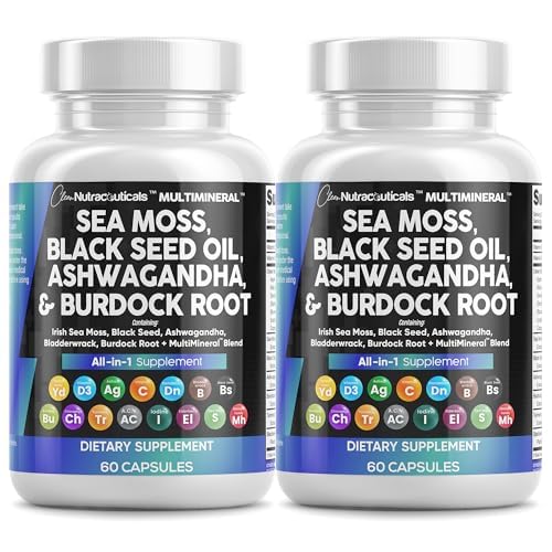 Čisté nutraceutics Moss Black Seed Oil Ashwagandha Turmeric Bladderwrack Burdock & Vitamin C Vitamin D3 s Elderberry Manuka Dandelion Žlutý dok jód Chlorofyl ACV - 2Pack