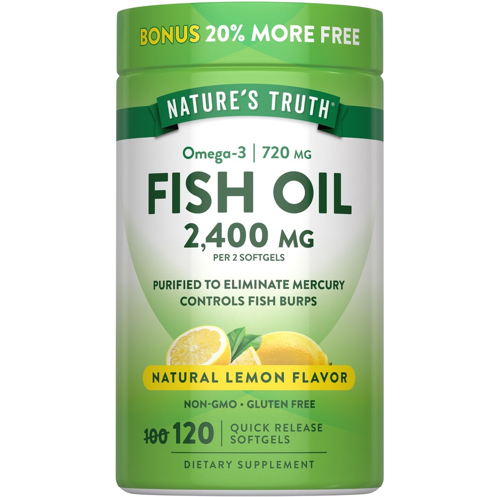 Nature 's Truth Fish Oil 2400mg Oil 124; 120 Quick Release Softgels Omega 3 Omega 124; Burless Lemon Flavor Pills Oil 124; Non- GMO & Gluten zdarma dodatek