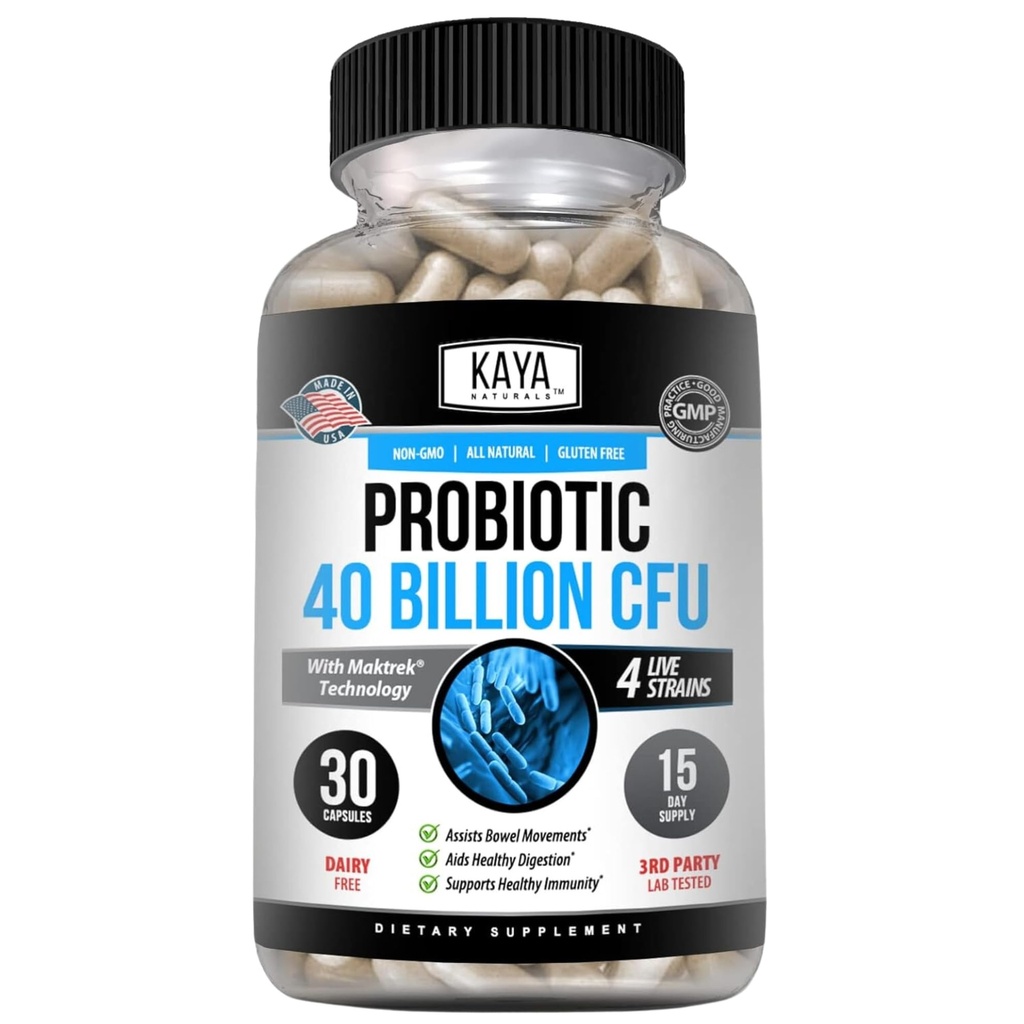 Kaya Naturals Probiotic 40 miliard CFU - Probiotika pro ženy, Probiotika pro muže a dospělé, přírodní - Gut zdraví a imunitní podpora Dodatek - Promotes Digestive Health - 30 Počet