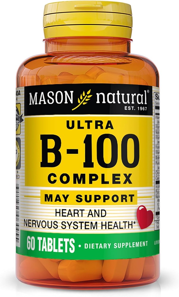 MASON NATURAL Ultra B-100 Komplex - Zdravé srdce a nervový systém, zlepšuje imunitní funkci a metabolismus energie, 60 tablet