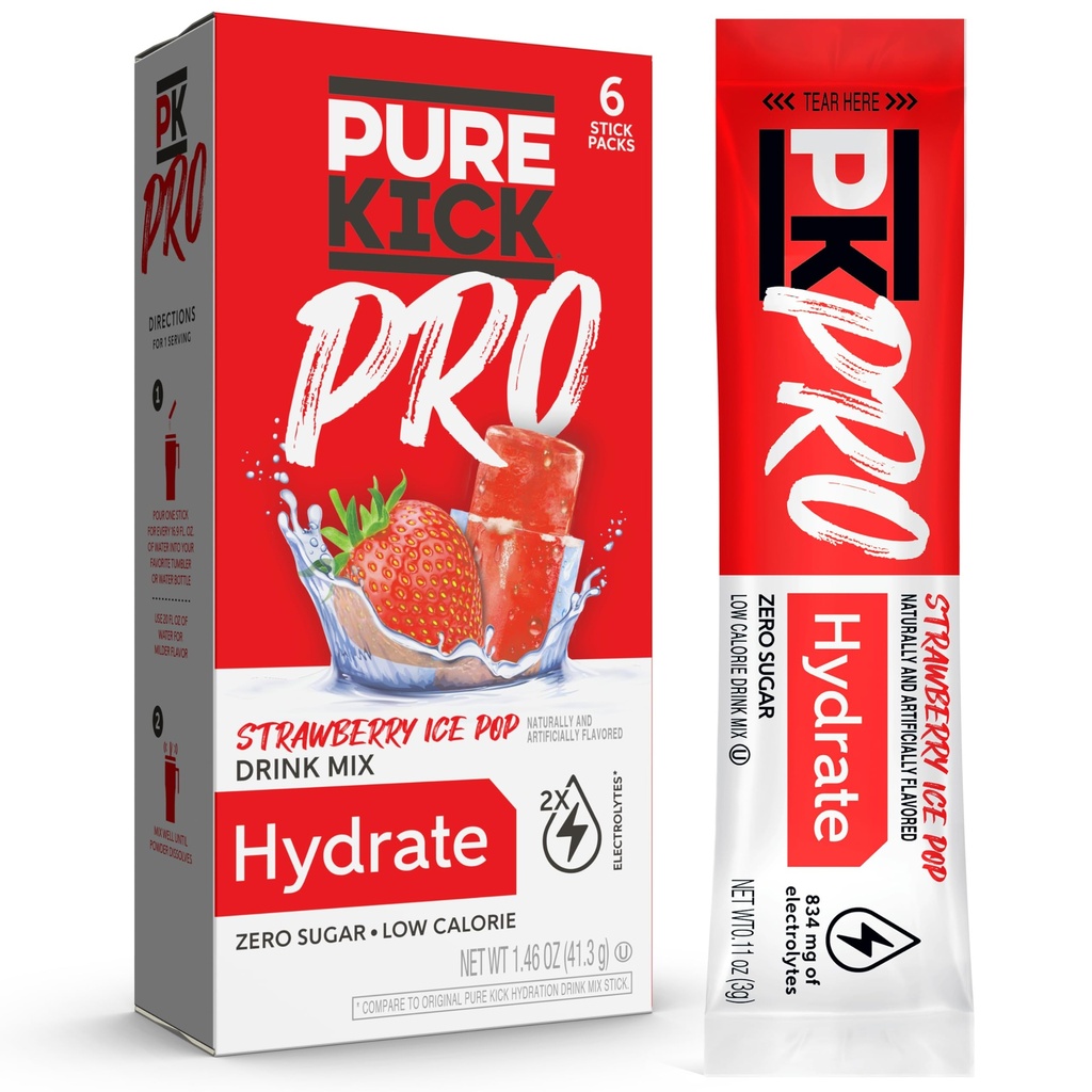 PURE KICK PRO Hydratace Electrolyte Drink Mix, Jahodový led Pop, Obsahuje 1 box s 6 balíčky v každé krabici