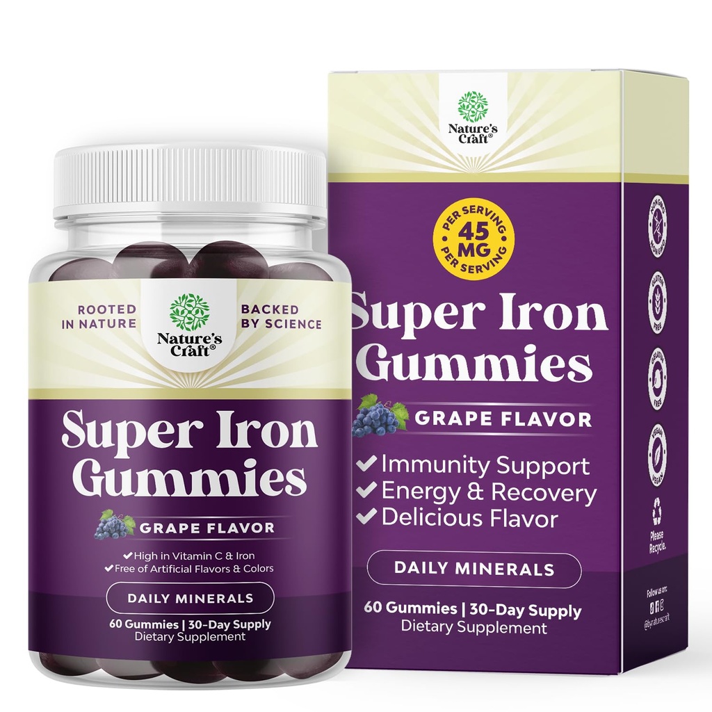 Extra síla železné gumy pro ženy a muže - Potenciál 45 mg na servírování Žvýkací doplněk pro ženy a muže s vitaminem C pro vyšší absorpci - Vegan Daily Iron Gummy No Umělé Flavors