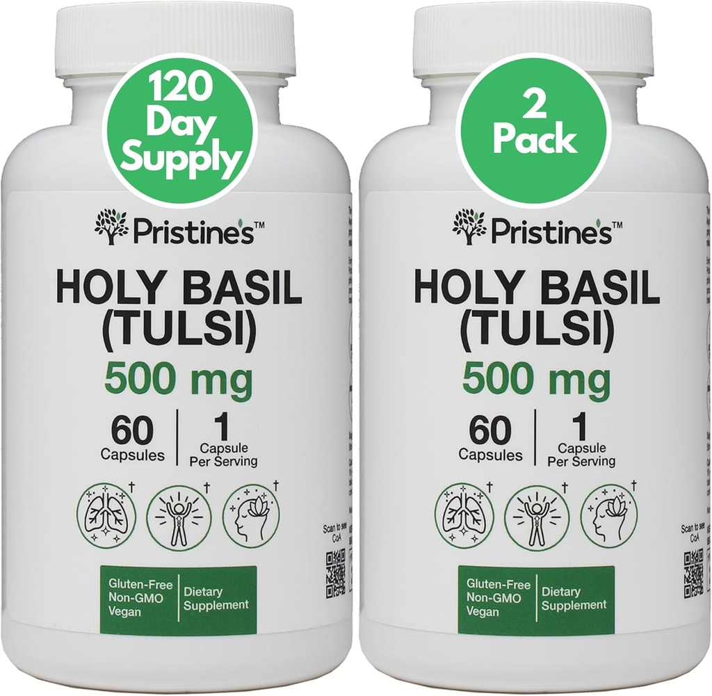 Pristine 's Holy Basil (Tulsi) 500 mg (2 Pack) Relaxation & Imunity Supplement - 120 Day Supply - Holy Basil Leaf Kapsle - Vegan - Non- GMO - Gluten zdarma doplňky