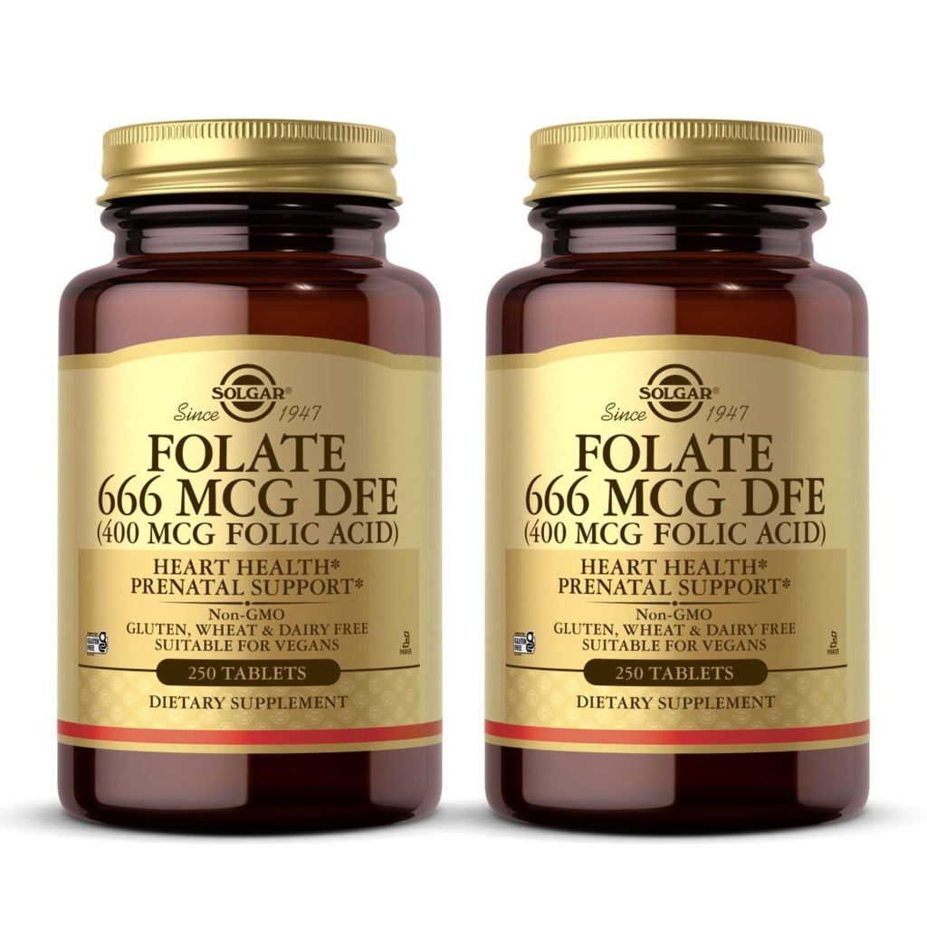 Solgar Folate 666 mcg DFE (kyselina listová 400 mcg) - 250 tablet, balíček 2 - Prenatální podpora - Non- GMO, Vegan, Gluten Free, Dairy Free, Kosher - 500 Celkem Služeb