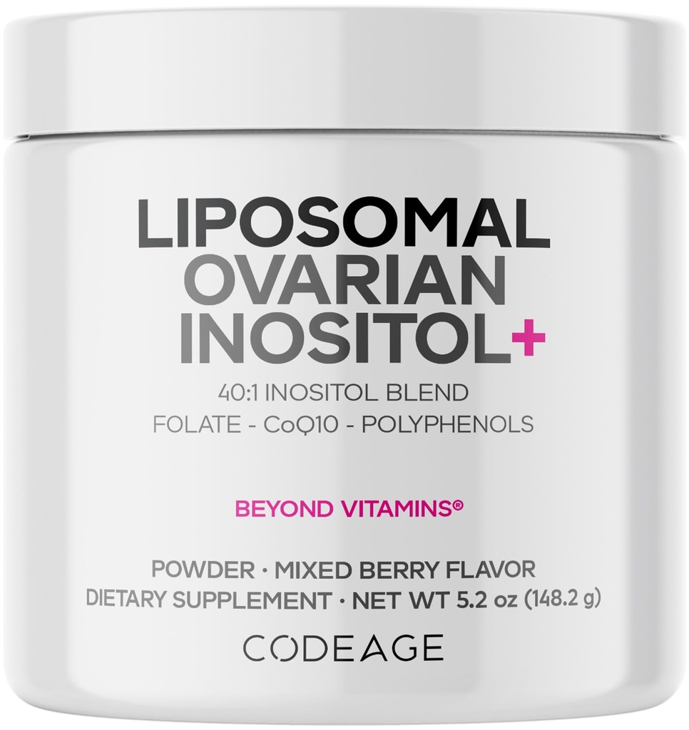 Codeage Liposomal Ovaria Inositol Powder - Myo- Inositol & D- Chiro- Inositol 40: 1 Blend, Folate 5-MTHF, CoQ10, Pomegranate & Wild Blueberry - 2-Month Supply - Mixed Berry Flavor - Non- GMO, 60 Služeb