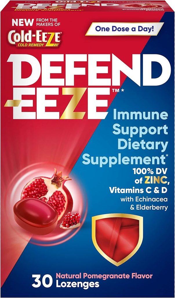 Defend- EEZE Imunní Support Dietní doplněk Lozenges, 100% denní hodnota zinku, Vitamíny C & D na dávku, s Echinacea & Elderberry, Granátová Flavor, 30 Lozenges