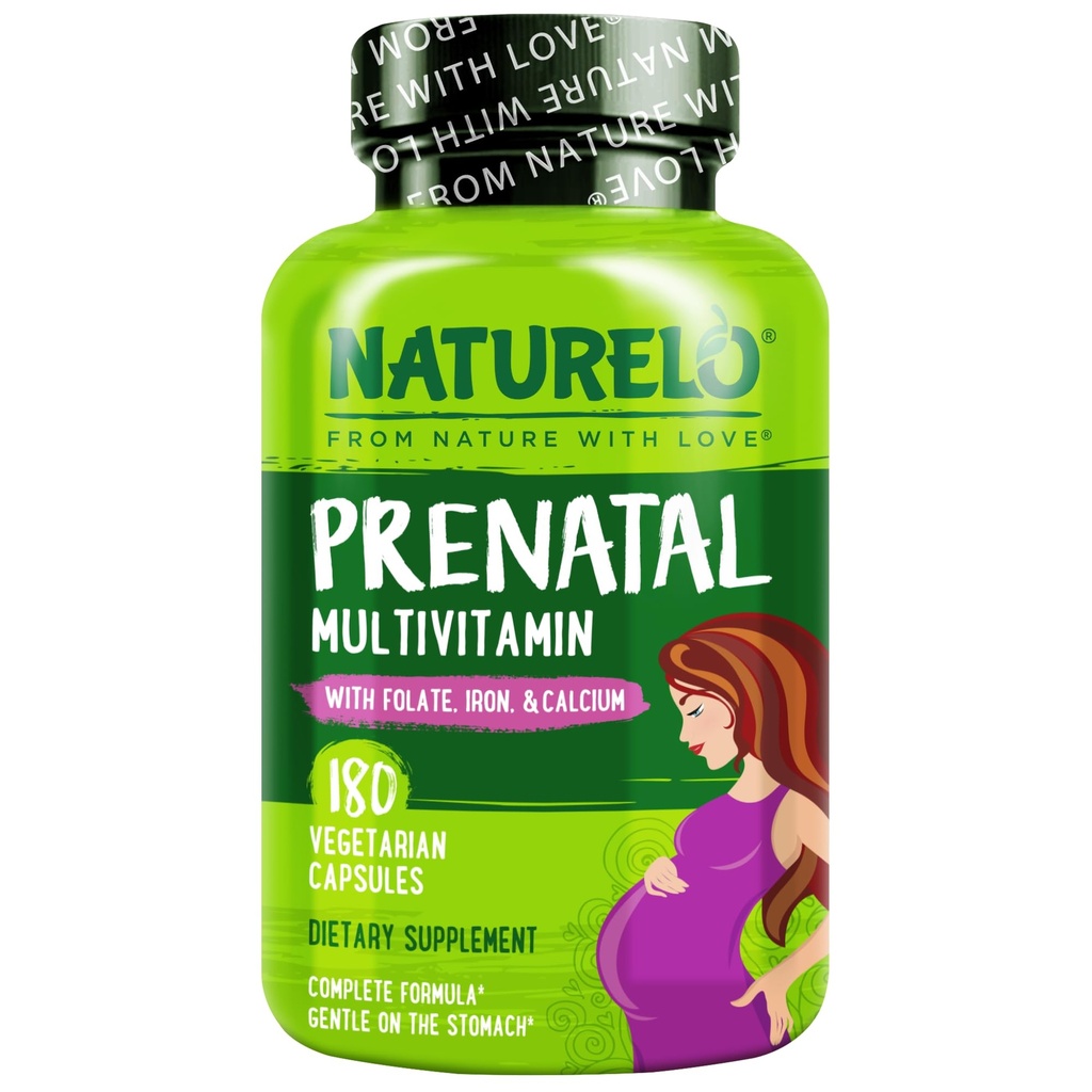 NATURELO Prenatal Multivitamin s Gentle Chelated Iron, Methyl Folát, Plant vápník & Cholin - Vegan, Vegetarian - Non- GMO - Gluten Free - 180 Kapsle - 2 měsíce Dodávka