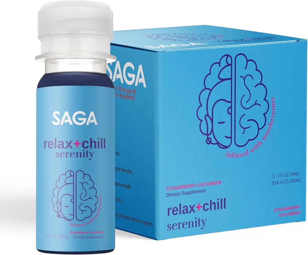 SAGA Organic Relaxation Shots PHAR124; Obsahuje Adaptogens & Housms - Lion 's Mane & Kava PHAR124; High Biologická dostupnost & Fast Onset PHAR124; Zvýšit Mood & Redukovat Únava PHAR124; Jahodová okurka 2oz Shots (12-Pack)