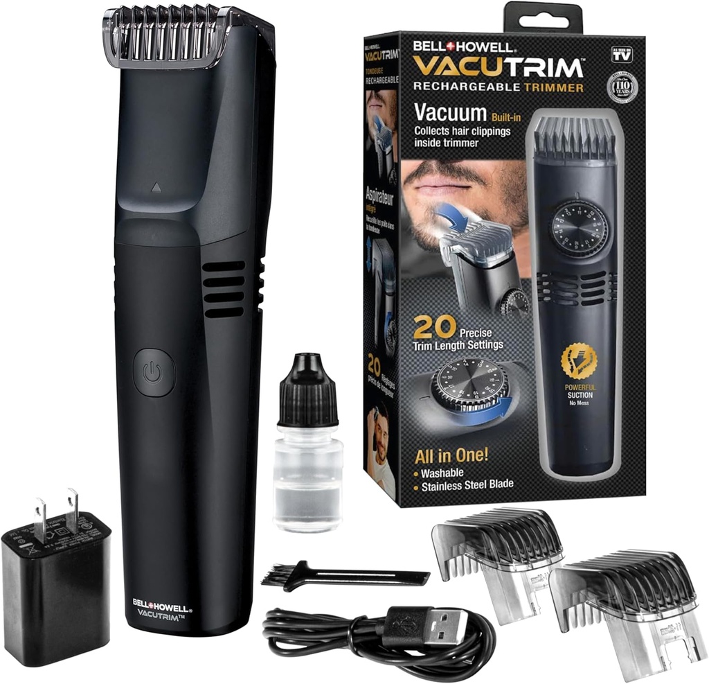 Vacutrim Cordless Mens Beard Trimmer, dobíjecí elektrický holicí strojek s 20 Trim nastavení kalibrační vytáčení a Built- ve vakuu pro knírek, Sideburns. Obličej vlasy, černá, 7.5, "Jak jsem viděl v televizi