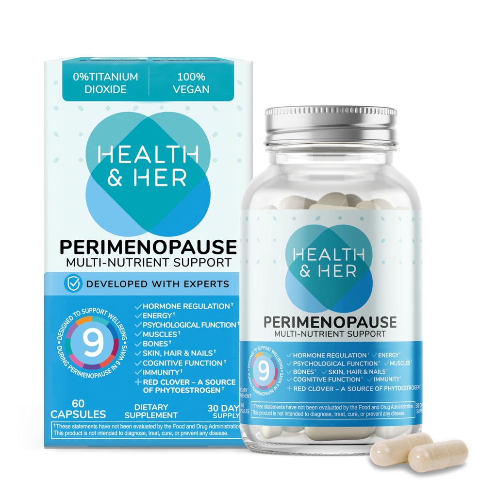 Zdraví a její perimenopauza Dodatek pro ženy - Spojené království je č.1 Perimenopauza dodatek - Multi- Nutriční wellbeing podpora pro rané stádium menopauzy, Vegan, gluten- Free, non GMO (60 ct - 1 měsíc)