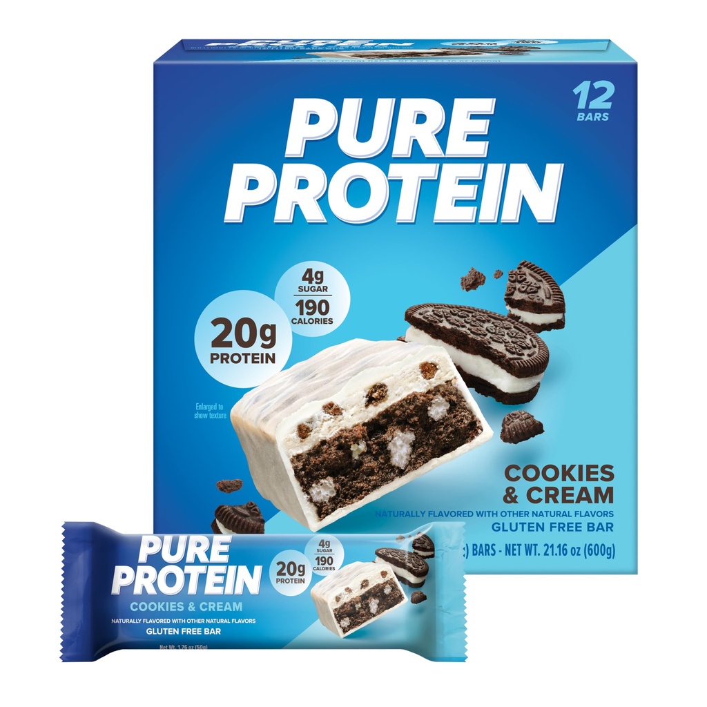 Čisté proteinové tyčinky, vysoký protein, výživné snacks na podporu energie, nízký cukr, bezlepkové, cookies a krém, 1.76oz, 12 Pack