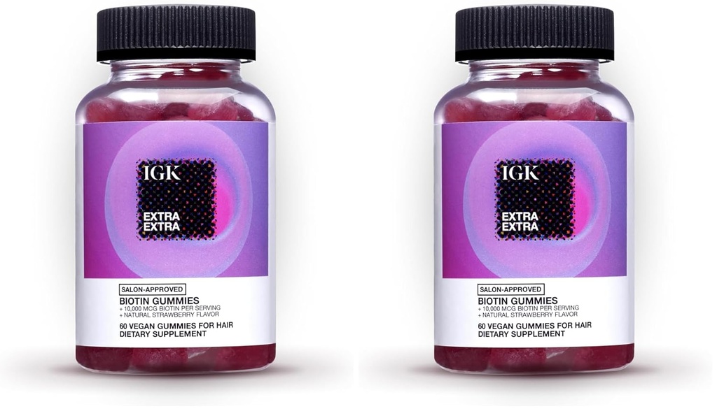 IGK Biotin Hair Gummies 10,000mcg Biotin (60 Počet), Jahodová ochucená, Vlasové růstové gumy pro zdravé vlasy, kůže a nehty, Vegan, Nápověda Combat Hair Loss & Thinning (Pack of 2)