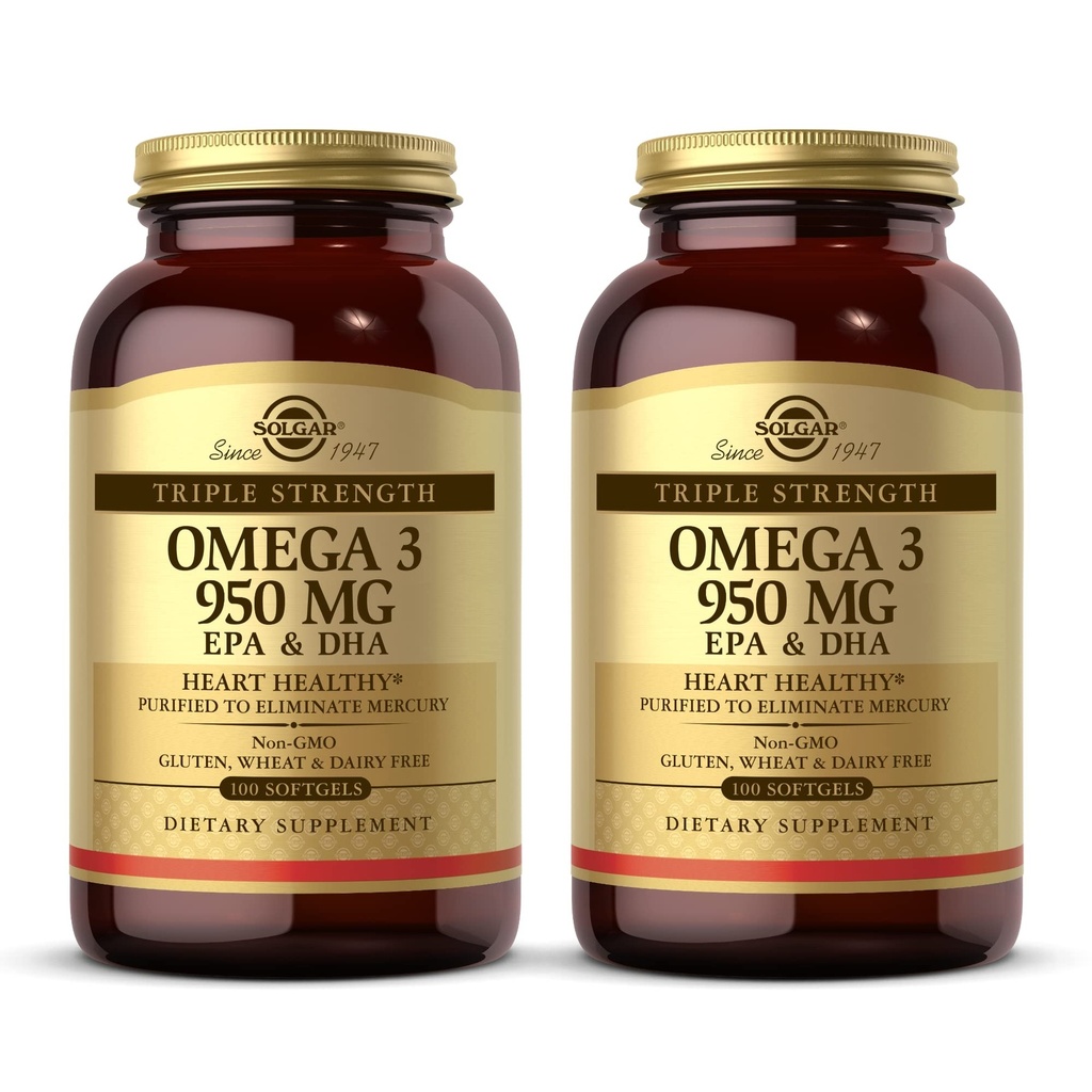 Solgar Triple Strength Omega 3 950 mg - 100 Softgels, Balení 2 - Podporuje kloubní a kožní zdraví - Non- GMO, Gluten zdarma, mlékárenské zdarma - 200 Celkem Service