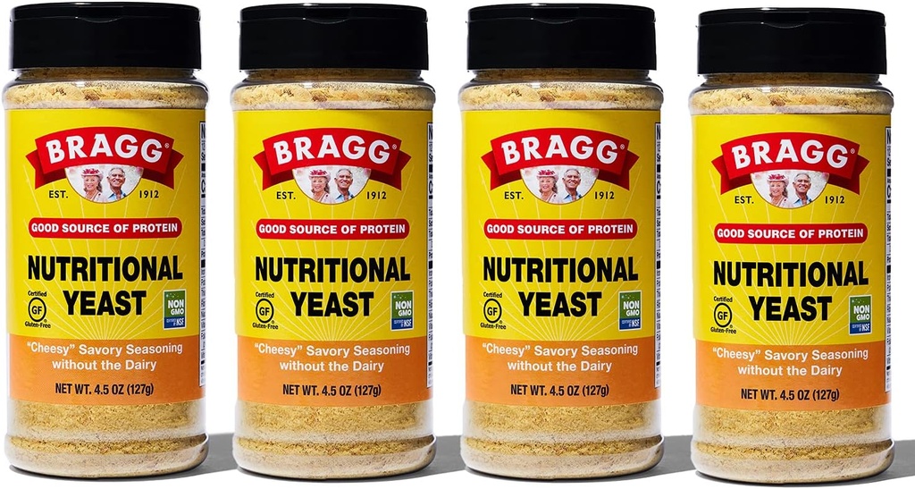 Bragg Nutritional Yeast Seasoning - Vegan, gluten zdarma sýrové vločky - Dobrý zdroj bílkovin a vitaminů - Nutritional Savory Parmesan Sýry Substitut - Non GMO ověřené, 4.5 Ounce, 4-Pack