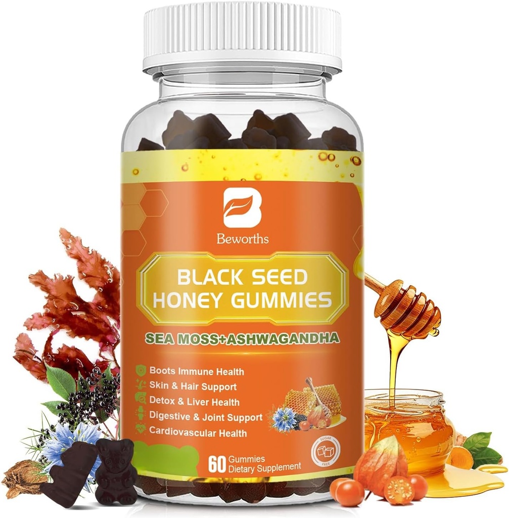 Černé semeno Moss Moss gumové s Ashwagandha, Burdock Root, Linden Honey, Elderberry, Kurkuma, Vitamin C, D3 & Zinek - Podporuje imunitu, spojky, trávení, vlasy & kůže, Vegan Gummies 60 Counts