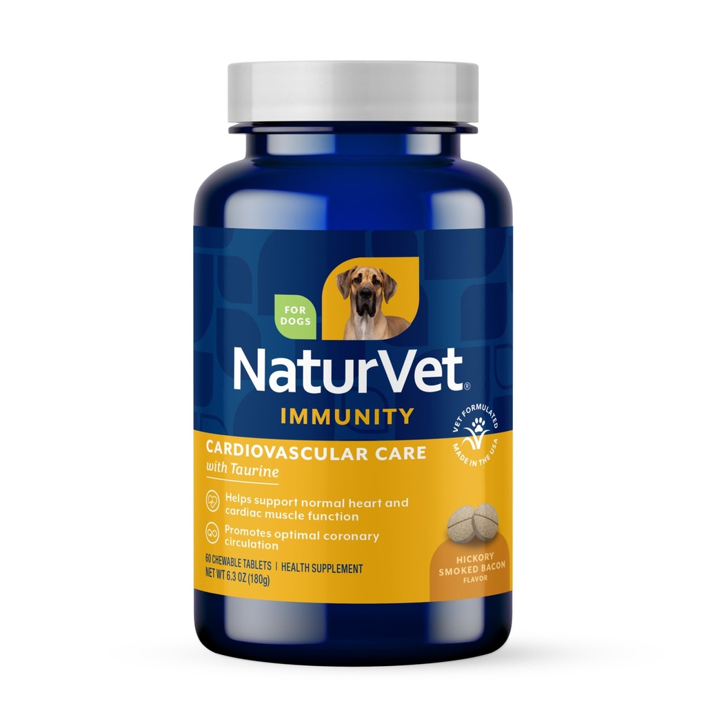 NaturVet Kardiovaskulární Supplementary Dog Supplementary Plus Taurin - Pomáhá podporovat psí srdce a kardiovaskulární systémy - Zahrnuje antioxidanty, hořčík, Hawthorn, L-Carnitin - 60 Ct.
