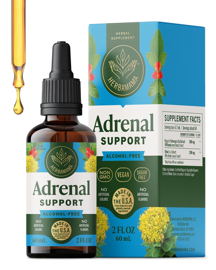 HERBAMAMA Adrenal Support Liquid Drops - Vegan Adrenal Tinktura s Ashwagandha Root & Rhodiola Rosea Extract - Non- GMO, Alkohol & Sugar- Volný dodatek - 28- denní dodávky