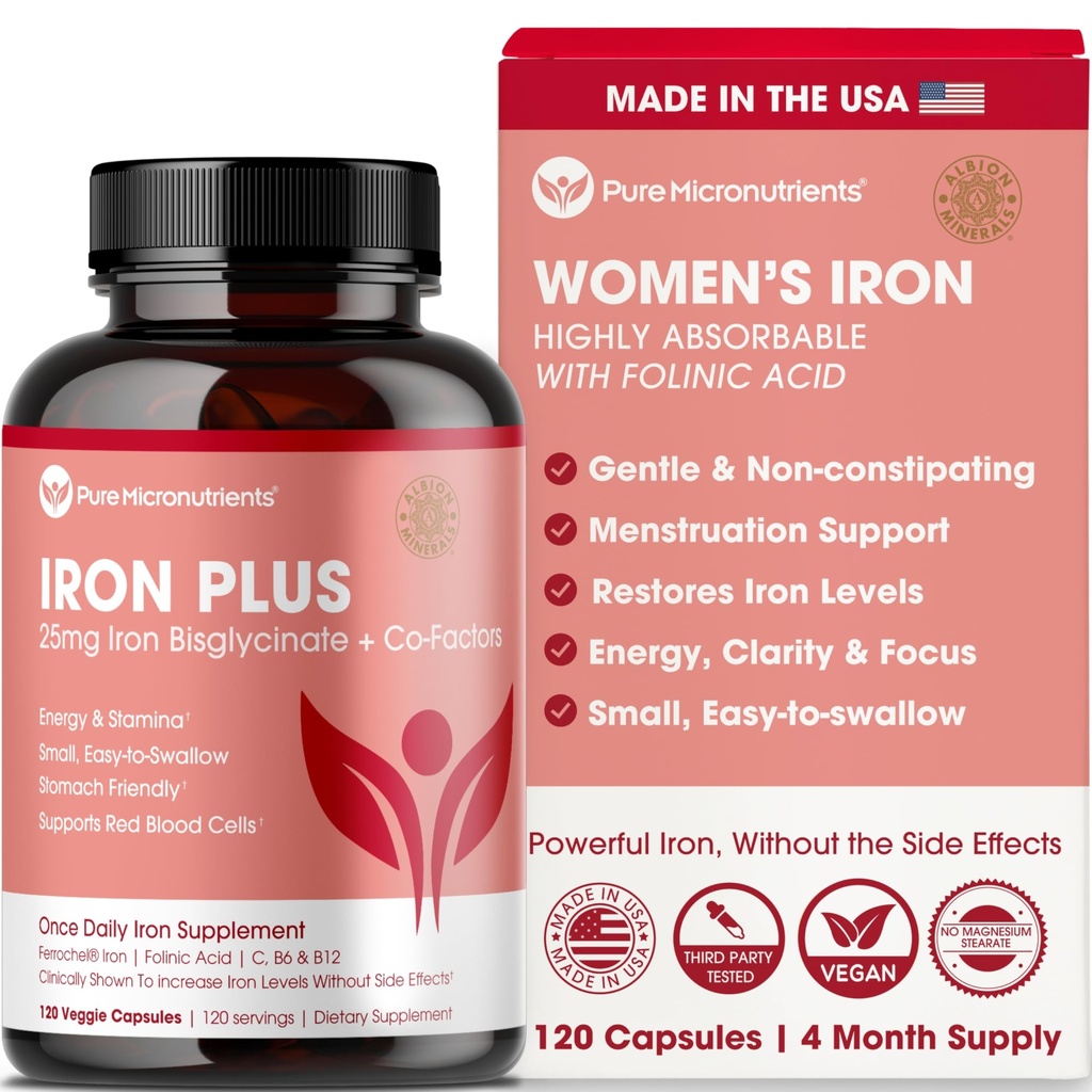 Železný doplněk pro ženy - Gentle Chelate Iron Bisglycinate 25 mg s vitaminem C, B6, B12 kyselina listová - Podporuje nedostatek železa, menstruační zdraví a energie - 120 Počet