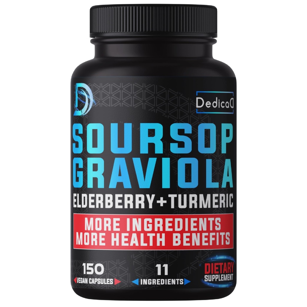 11in1 Graviola Soursop Kapsle pro 5 měsíců Dodávka s Soursop ovoce, Elderberry, Kurkuma, Zázvor, Mléko Thistle, Cranberry & More - Mood, Imunity & Body Health - 150 Vegan Kapsle