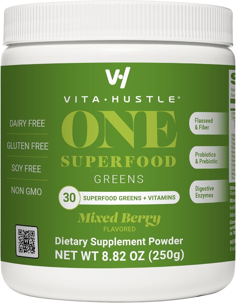 VitaHustle ONE Superfood Super Greens Powder s prebiotiky + Probiotika, Reduce Bloating, Detox, Gut Health, Spirulina, Chlorella, Digestive Enzymes (Berry Flavor, 25 Služení)