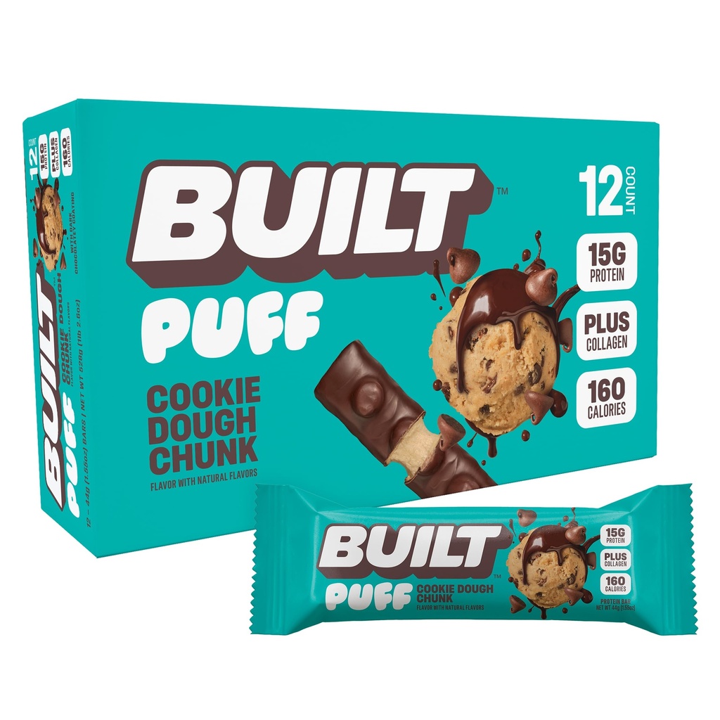 Postaven Bar, Puff Protein Bary, Cookie Dough Chunk Puff, 15g Protein Snacks, On-The- Bary, Pouze 160 kalorií, 8g cukru, kolagen, Ne gluten zdarma, 12 Počet