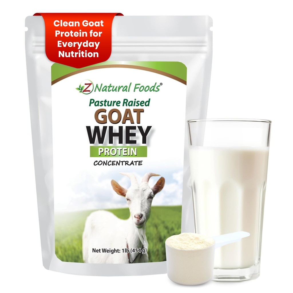 Z Natural Foods Kozí syrovátka Powder Concentrate - Nedenaturovaný, neochucený, pasta zvýšený Syrovátka - Powder Clean Goat Protein with Vital Proteins for Weight Management, Imunitní podpora, Fitness, 1 LB