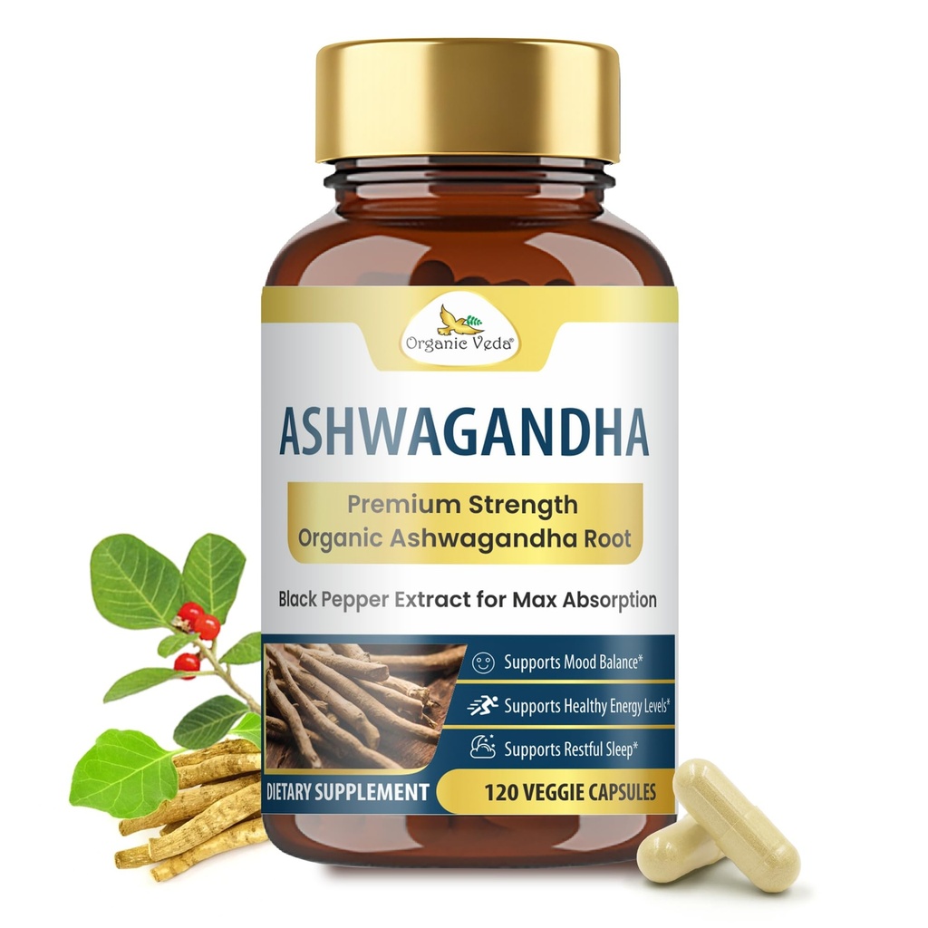 Organic Veda Ashwagandha Kapsle, 2000mg - 100% čistý Ashwagandha Root Dodatek s Black Pepper Extract pro maximální absorpci - Boost Energy, Adrenal, Imunity & Mood - Vegan - 120 Počet