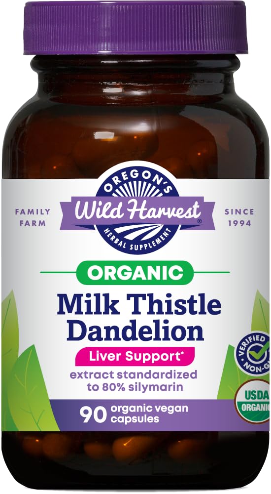 Oregon 's Wild Harvest Certified Organic Milk Thistle Dandelion Kapsle Játra Podpora Extract Standardizované na 80% Silymarin, 90 Počet