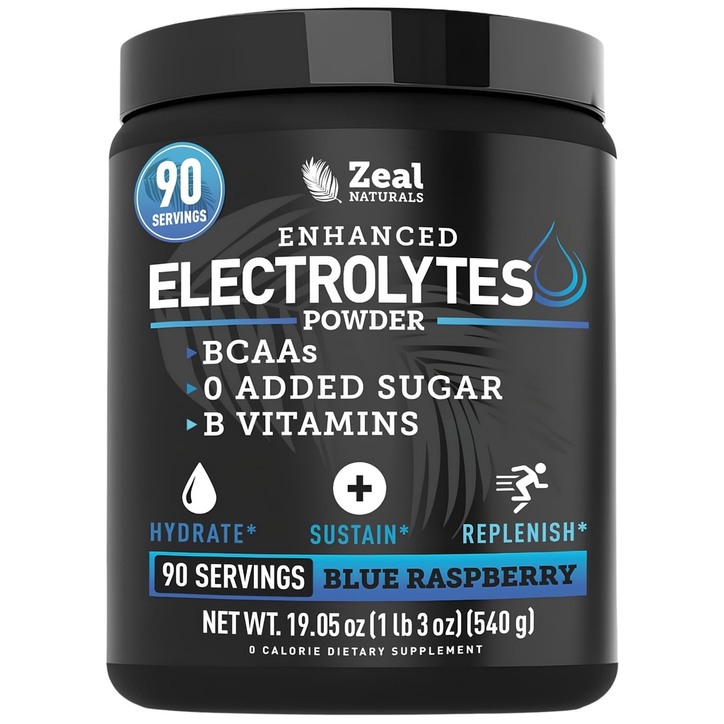 Zeal Naturals Electrolyte Powder Recovery Drink (90 Servings OR 124; Blue Raspberry) w 0 Cukr + BCAA + B-Vitamíny Electrolyte Supplement w Draslík Zinek & Magnesium pro hydrataci - Keto Electrolytes