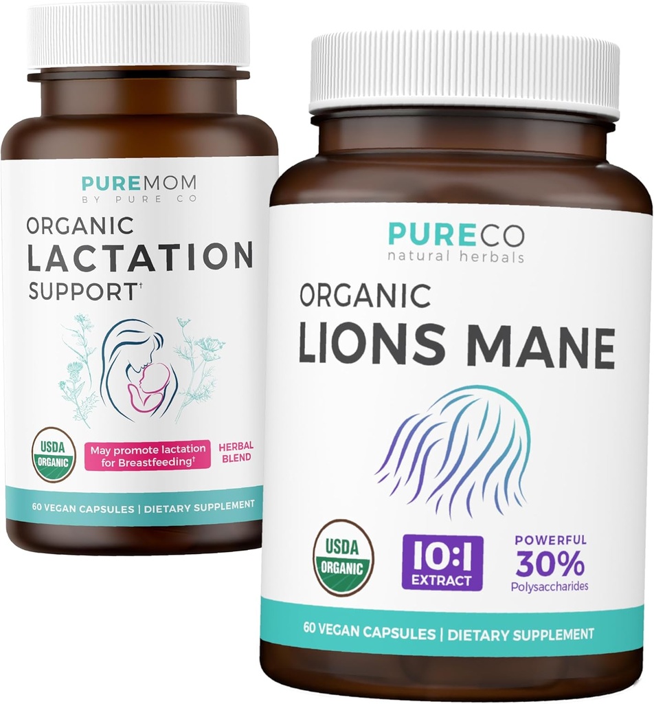 Kojení Podpora & Lions Mane (1-Month Supply) Mathers Mind Bundle of Organic Lactation Support - Podpora pro ošetřující matky (60 Kapsle) & Organic Lions Mane Houba 10: 1 Extract (60 Kapule)
