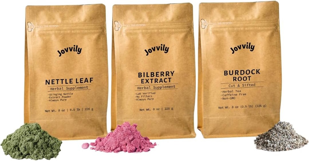 Nettle Leaf Powder, Bilberry Extract Powder, & Burdock Root Bundle - 8 oz - doplňky a čaje