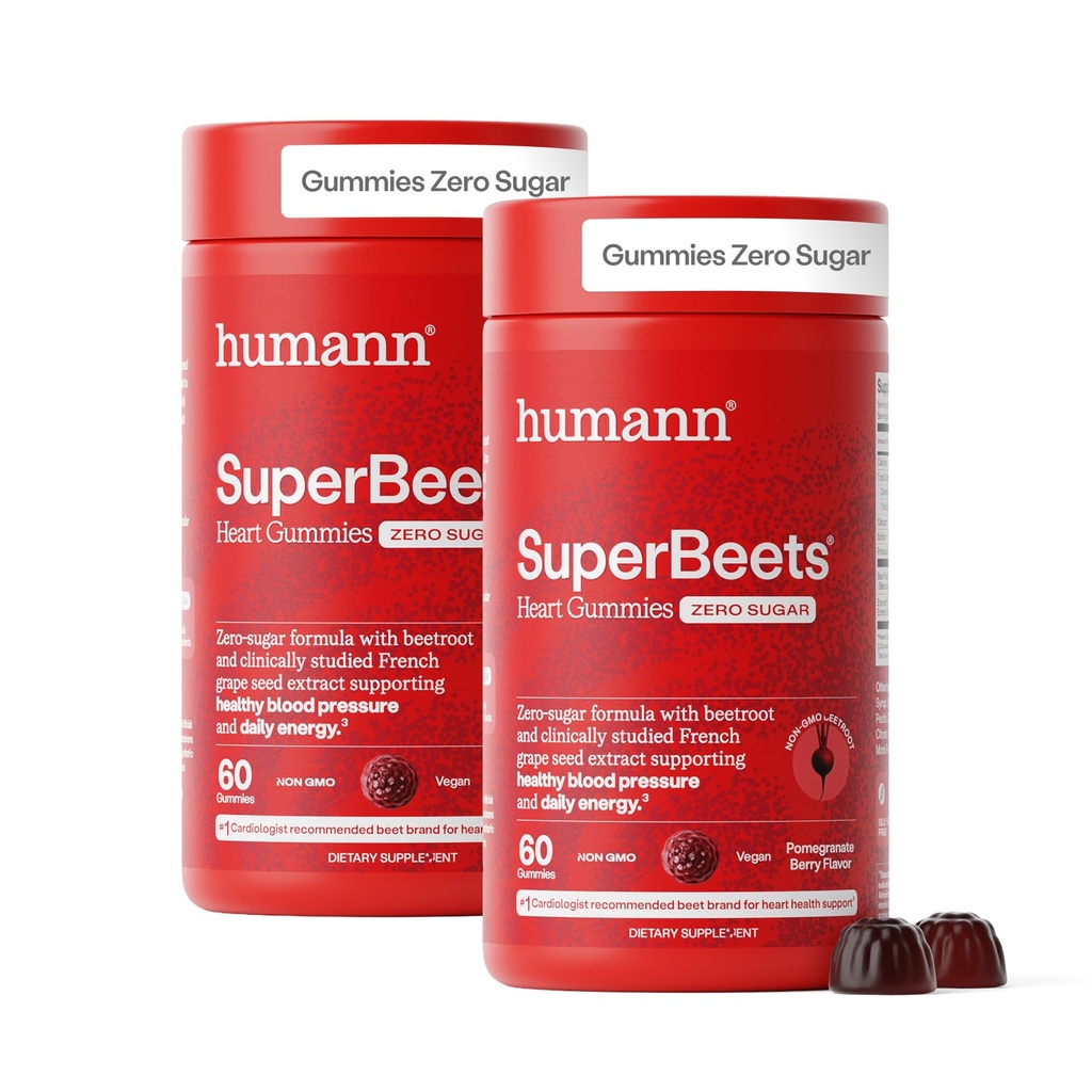 Humann SuperBeets Heart Gummies - Beet Gummy s Heart- Zdravé energie podpora, Grape Seed Extract & Beetroot Powder, Sugar Free - Granátová bobule, 120 Počet