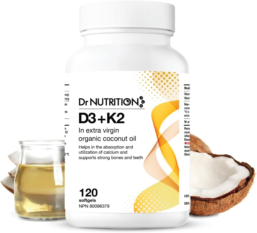 Vitamin D3 + K2 in Organic Coconut Oil, Vitamin K2 MK7 + D3 (1000IU), Rapid Bone and Heart Health Formule, Pomáhá absorbovat a využívat vápník, podporuje imunitu, zlepšuje náladu - 120 Softgels
