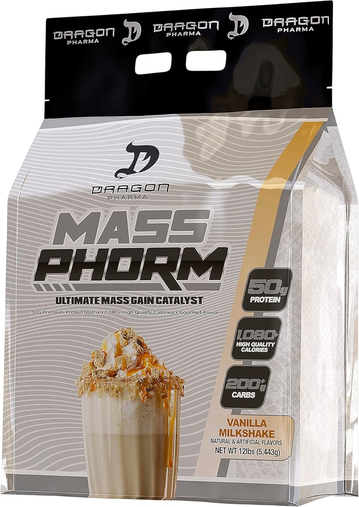 DRAGON PHARMA Mass Phorm, Ultimate Mass Gain Catalyst, 50g Protein Matrix, 200g komplexních karbohydrátů, Více než 1000 kalorií per Serving (20 Služeb, Vanilla Milkshake)