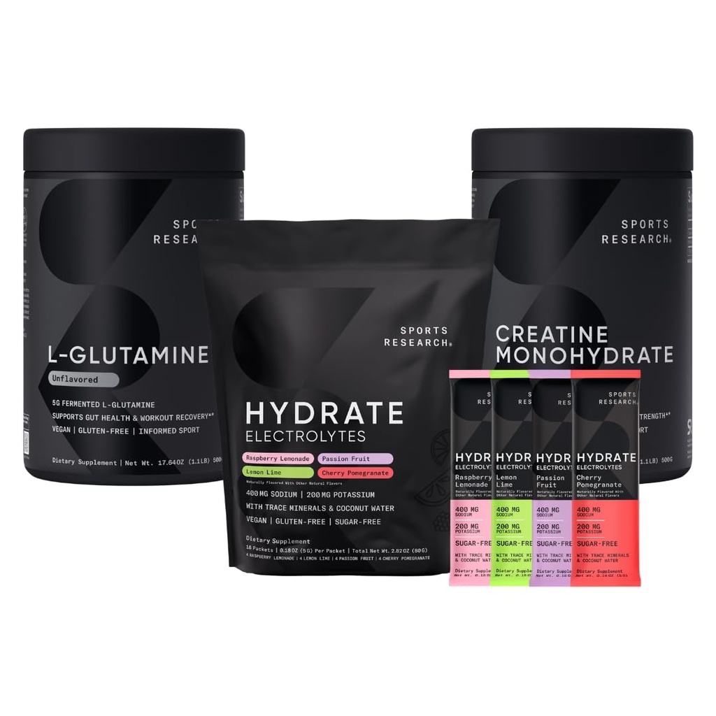 Sportovní výzkum L- glutamin (1,1 lbs), Sugar- Free Přirozeně ochucené Hydrate Electrolytes 16x Variety Packets a Creatine Monohydrát (1,1 lbs)