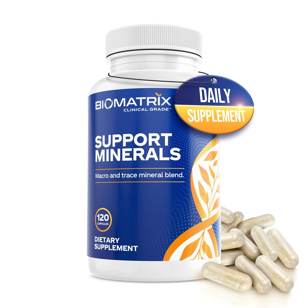 BioMatrix Minerální dodatek pro muže a ženy, Chelated Minerály 124; Iron- Free, vápník, hořčík, měď, zinek, vitamin D, jód 124; Veggie Caps, 30denní dodávky