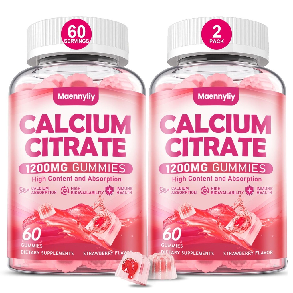 Vápník Citrát Gummies 1200 mg pro dospělé: Ultimate Absorption vápník dodatek pro ženy a muže - Snadno digest, Vegan, Non- GMO, gluten zdarma - Přírodní jahodové aroma