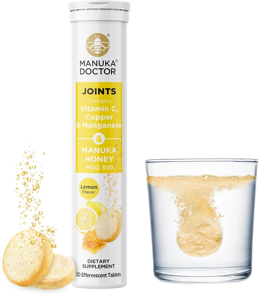 Manuka Doctor Joints * Daily Joint Support Supplement with Manuka Honey, Vitamin C, Copper & Mangan to Promote Joint Health, Lemon Flavor, 20 Effervescent Tablety