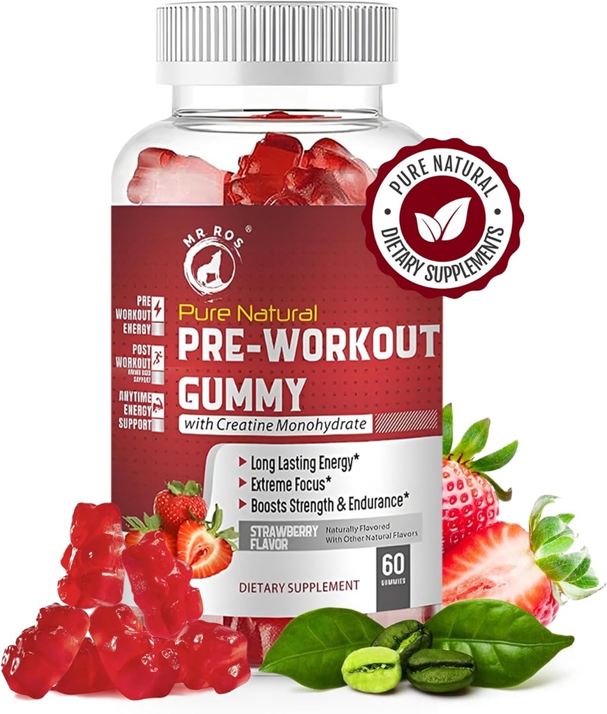 Čisté přírodní pre- cvičení gumové s Creatine Monohydrát & Green Coffee Bean Extract - Energy, Focus, Endurance Boost, Strawberry Flavor, 60 Gumy