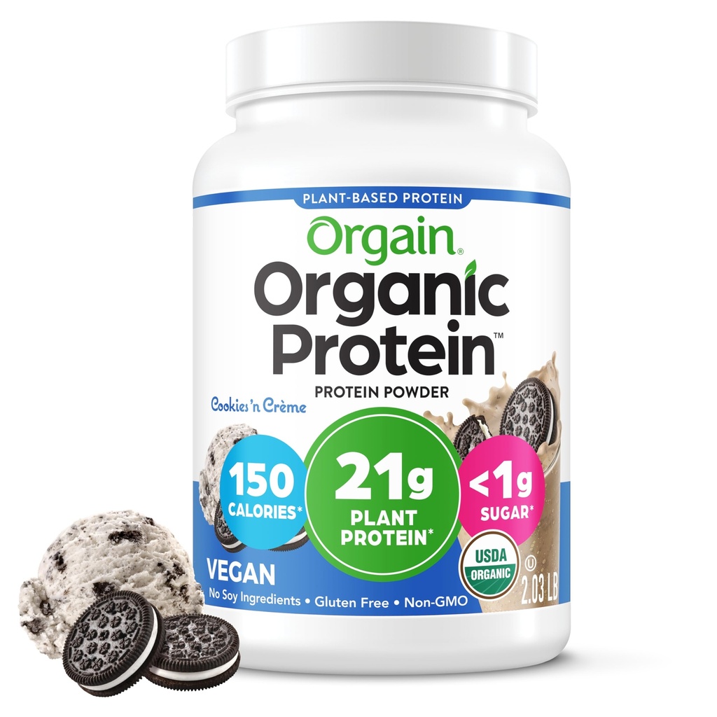 Orgain Organic Vegan Protein Powder, Cookies & Cream - 21g Plant Based Protein, 7g Prebiotic Fiber, Low Net Carb, No Lactosa Ingredients, No Added Sugar, Non- GMO, For Shakes & Smoothies, 2.03 LB