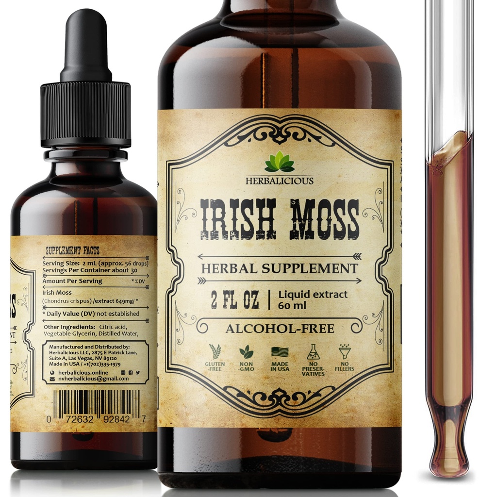 Irish Sea Moss Syrové organické kapky - Přírodní Irish Moss extrakt pro podporu štítné žlázy, Digestion & Energy - Tekutý dietní dodatek - Vegan, Non- GMO - 2oz láhev