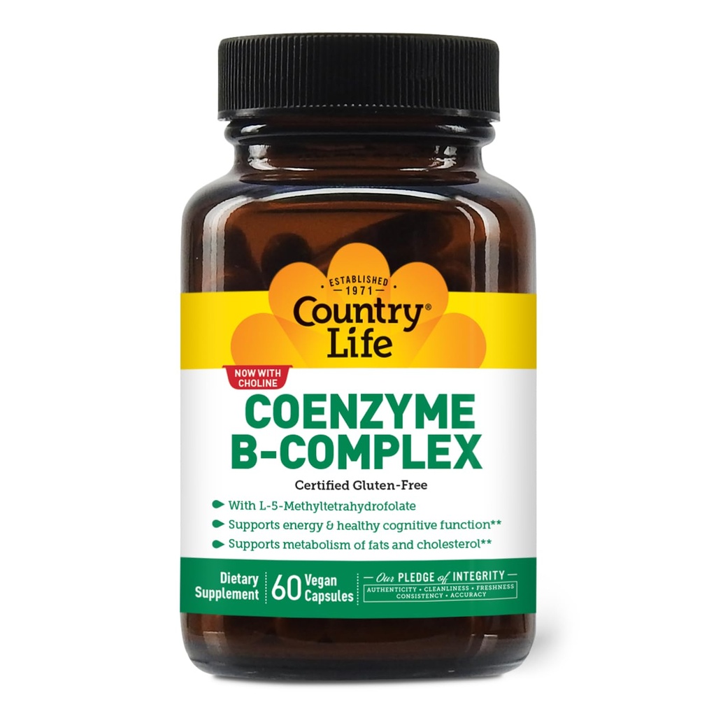 Country Life Coenzym B- Complex, 60 Kapsle - Podporuje energii a metabolismus, Mood & Cognitive Function - Vegan, gluten- Free, Biologicky dostupné B vitaminy s Choline