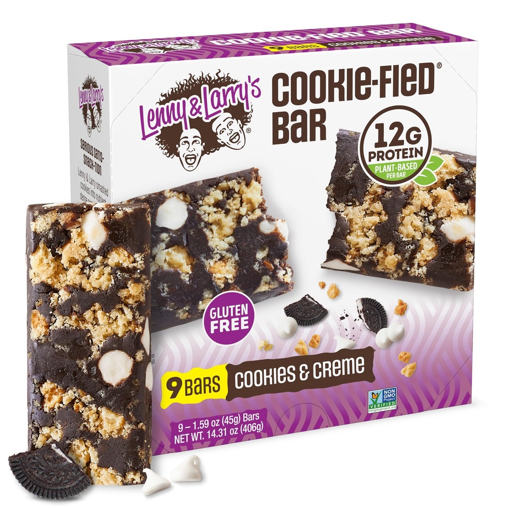 Lenny & Larry 's Cookie- fied Protein Bar - Cookies & Creme Vegan Protein Bars 9x45g - Zdravé svačinky s 12g Plant Protein & 5g Fiber - Gluten zdarma Power Bar, Keto Friendly, Non- GMO & Vegan