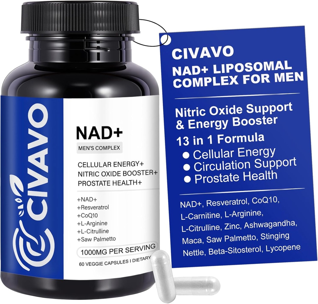NAD + Doplněk pro muže 1000mg, NAD + s Resveratrol, CoQ10, L-Citrulline & Maca Root - Buněčná energie, Podpora zdravého stárnutí, Antioxidant, Oxid dusnatý Prostate Zdraví pro muže - 60 Kapsle