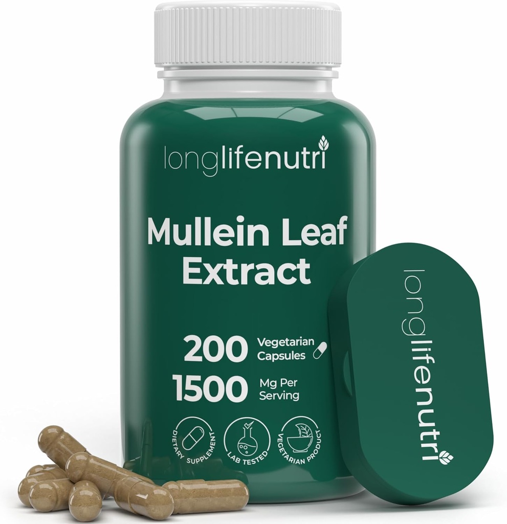 LongLifeNutri Mullein Leaf 1500mg 10: 1 Extrakt - 200 Vegetariánských kapslí, z Organic Mullein Leaf Powder, Bylinný dodatek pro respirační péči, 2-Month Supply, Non- GMO, GMP Certified, Made in USA
