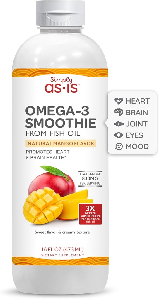 AS- IS Simple 16 fl oz (31 Servings) CLAS124; Omega33 Smoothie from Fish Oil CLAS124; Promotes Heart & Brain Health CLAS124; Dairy & Sugar Free CLAS124; Natural Mango Flavor