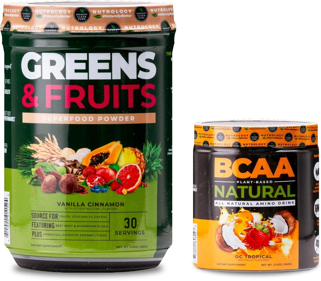 Nutrology Green & Fruits Powder- Přirozeně sourced Superfood, Vanilla Cinnamon (30 Servings) BCAA Natural, Plant Based BCAA Powder, Orange Coconut Flavor (30 Servings)