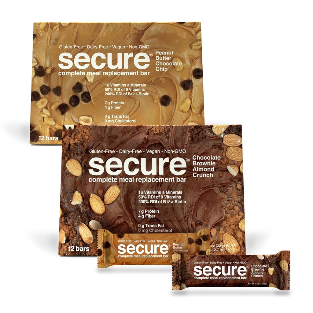 ANDREW LESSMAN Secure Kompletní stravovací tyčinky - 7g Veganské proteinové tyčinky. Inulin Fiber. Nízké kalorie, gluten a dairy-Free 24, Variety Pack: čokoládový brownie a arašídové máslo čokoládový chip)