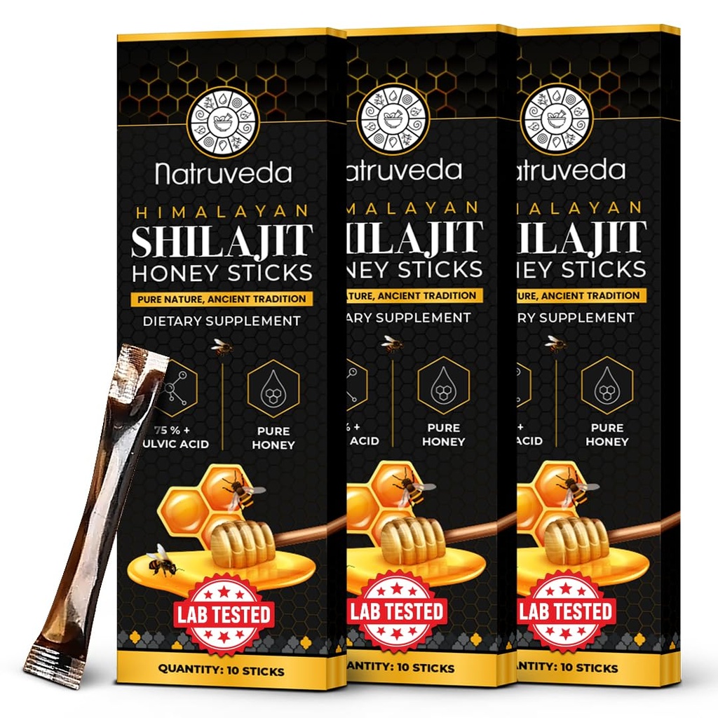 Himalayan Shilajit Honey Sticks for Men & Women - 75% + Fulvic Acid & Trace Minerals - Raw Honey, Saffron & Himalayan Shilajit Resin - Stamina, Performance & Energy Support - (balíček 30)