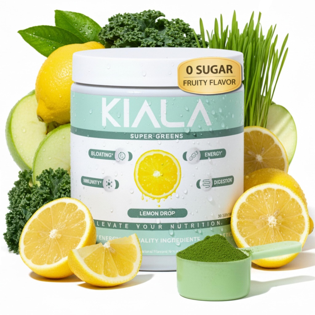 Kiala Nutrition Super Green, Organic Green Powder with Spirulina & Chlorella for Digestion, Gut Health, Imunity, Energy, Gluten Free, Vegan, Cukr Free, Spectra Blend, Lemon Drop, 30 Služeb